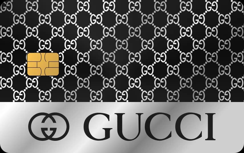 Họa tiết chữ G đối xứng lặp kín thẻ, dải khắc đặc dưới đáy có logo và chữ GUCCI, Thẻ đen nét bạc