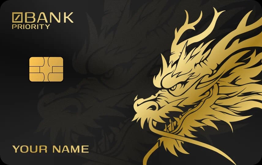 Đầu rồng uốn râu nhìn sang trái ở nửa phải thẻ, dòng chữ góc trên và dòng tên dưới, Thẻ đen nét vàng
