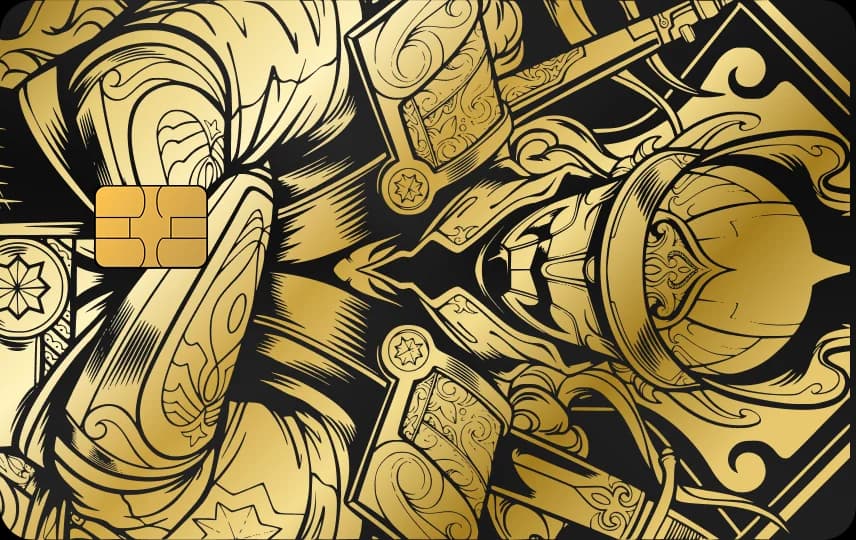 Mũ trụ và giáp samurai chồng lớp cùng lưỡi kiếm, mảng khắc dày phủ kín dọc Thẻ đen nét vàng