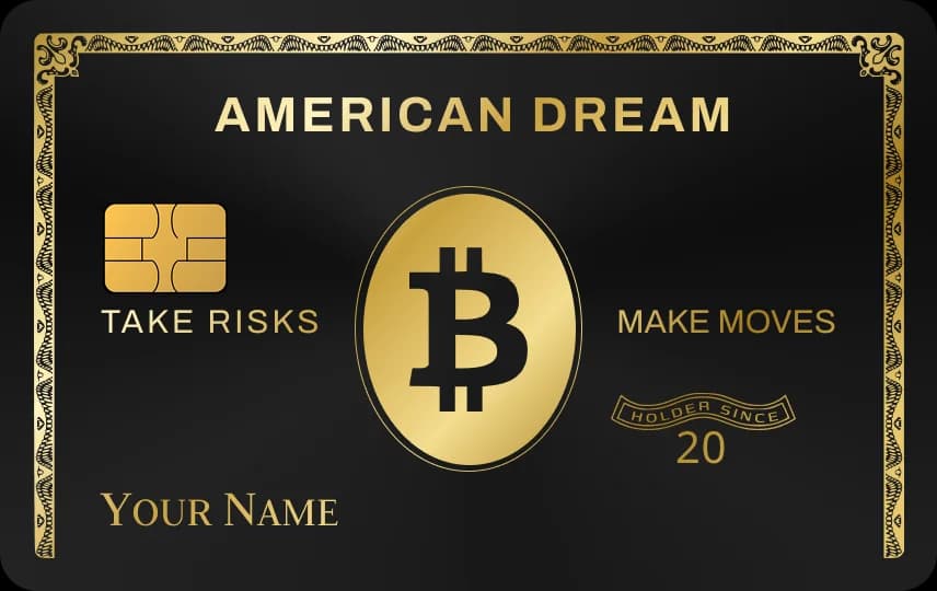 Đồng coin bầu dục giữa khung viền, chữ AMERICAN DREAM, TAKE RISKS, MAKE MOVES, dòng tên, Thẻ đen nét vàng