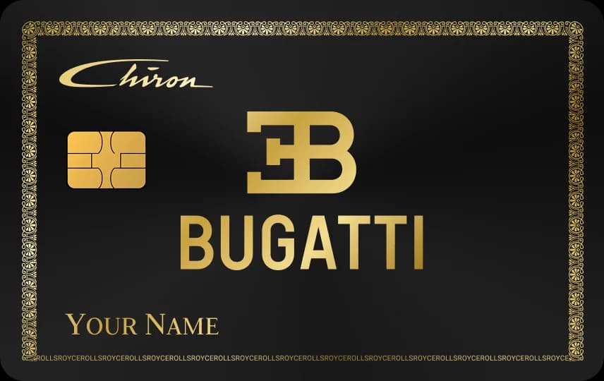 Khung viền hoa văn, chữ viết tay Chiron, logo chữ lồng EB và chữ BUGATTI, dòng tên, Thẻ đen nét vàng