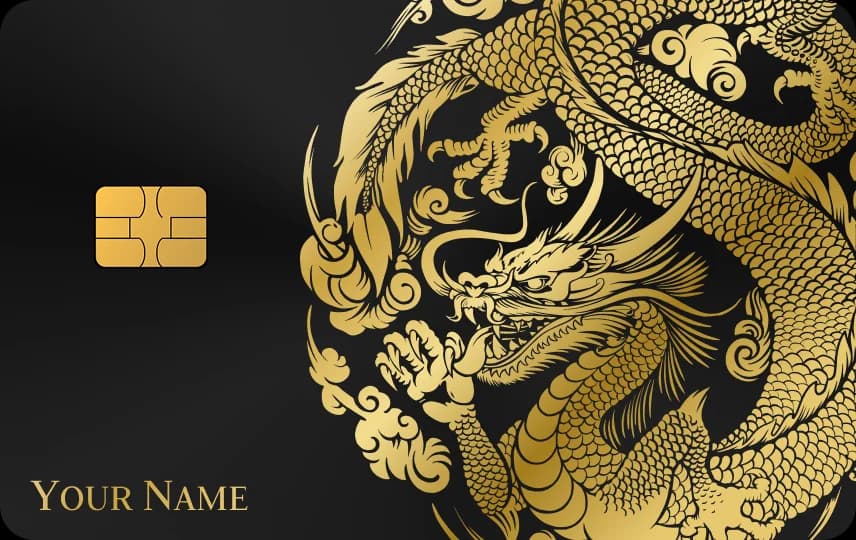 Rồng cuộn mình giữa mây lành ở nửa phải thẻ, vảy chi tiết, dòng tên bên trái, Thẻ đen nét vàng