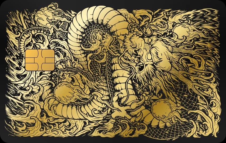 Rồng sừng cong giữa sóng cuộn và mây, họa tiết dày đặc phủ kín thẻ dọc, Thẻ đen nét vàng
