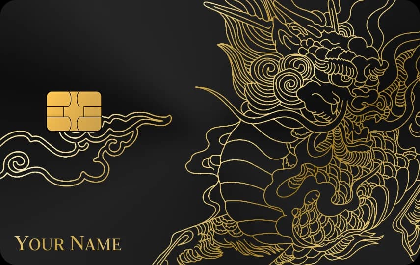 Rồng nét mảnh ở nửa phải thẻ, dải mây cuộn bay sang trái, dòng tên góc dưới, Thẻ đen nét vàng