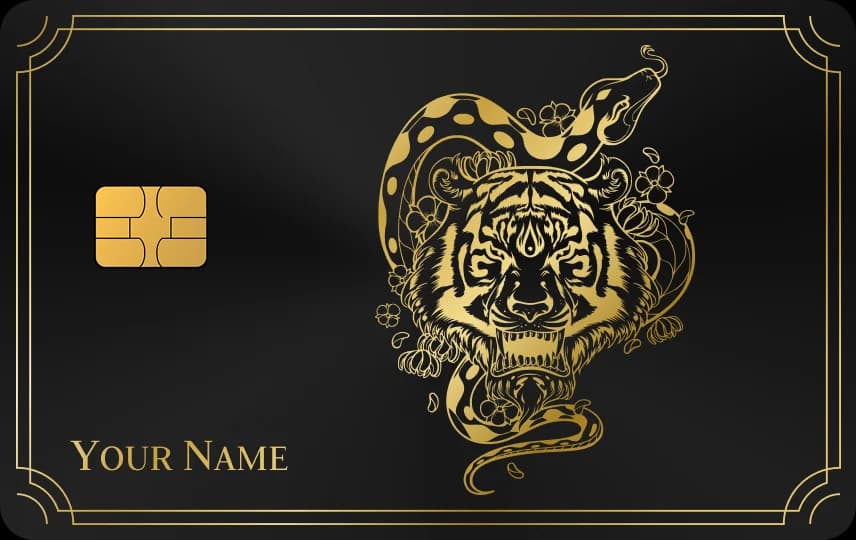 Đầu hổ nhìn thẳng với con rắn quấn quanh ngẩng trên đỉnh, trong khung viền mảnh, Thẻ đen nét vàng