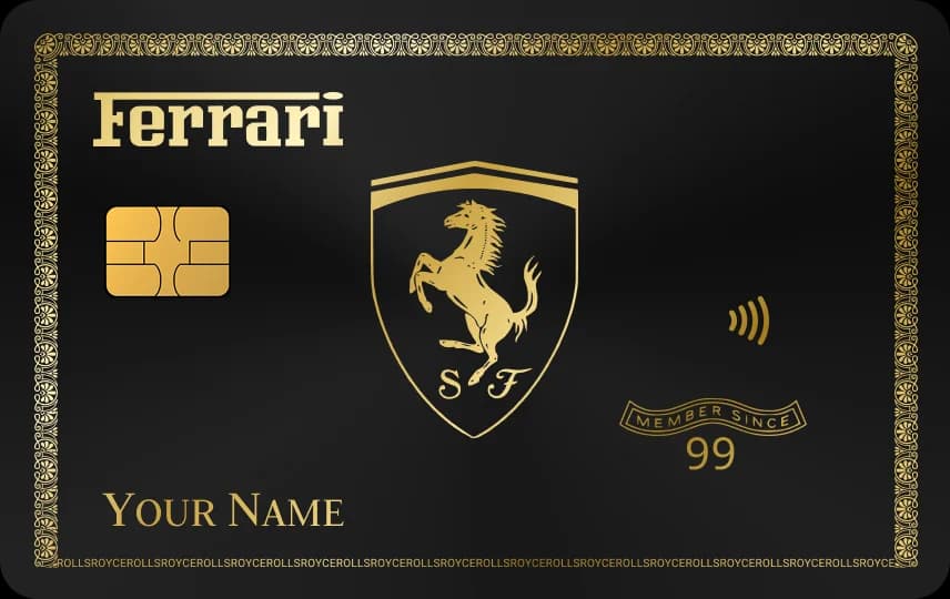 Khiên ngựa chồm giữa khung viền hoa văn, chữ Ferrari góc trên, con dấu Member since, Thẻ đen nét vàng