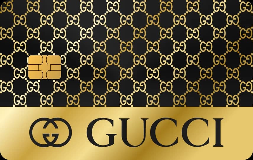 Họa tiết chữ G đối xứng lặp kín thẻ, dải khắc đặc dưới đáy có logo và chữ GUCCI, Thẻ đen nét vàng