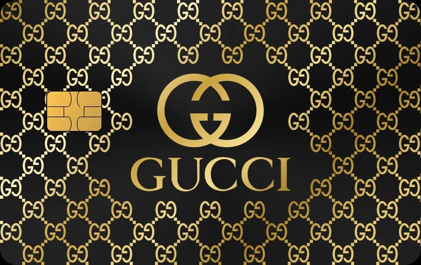 Logo chữ G đôi và chữ GUCCI cỡ lớn giữa thẻ, nền họa tiết monogram nhỏ, Thẻ đen nét vàng