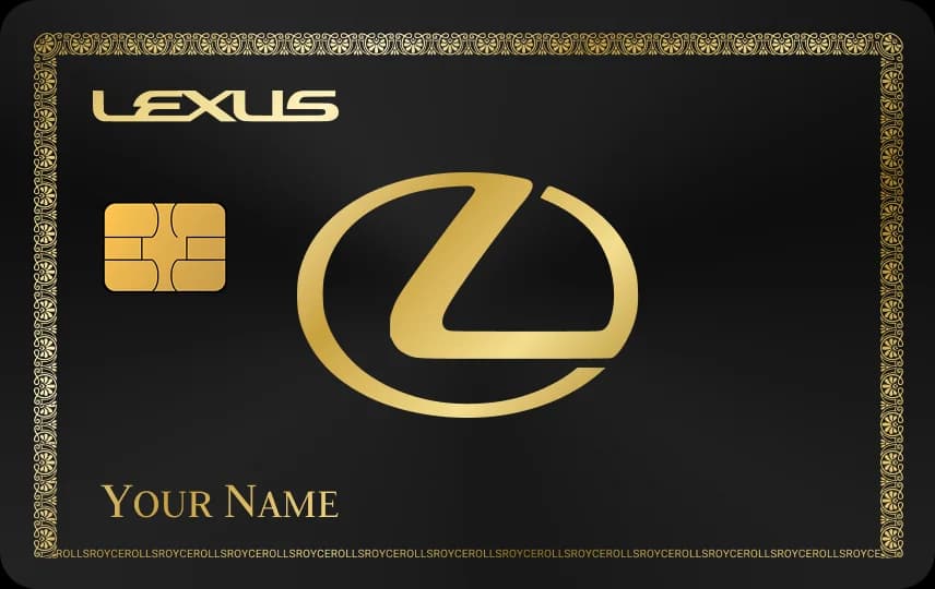 Logo chữ L trong vòng oval giữa khung viền hoa văn, chữ LEXUS góc trên, dòng tên, Thẻ đen nét vàng