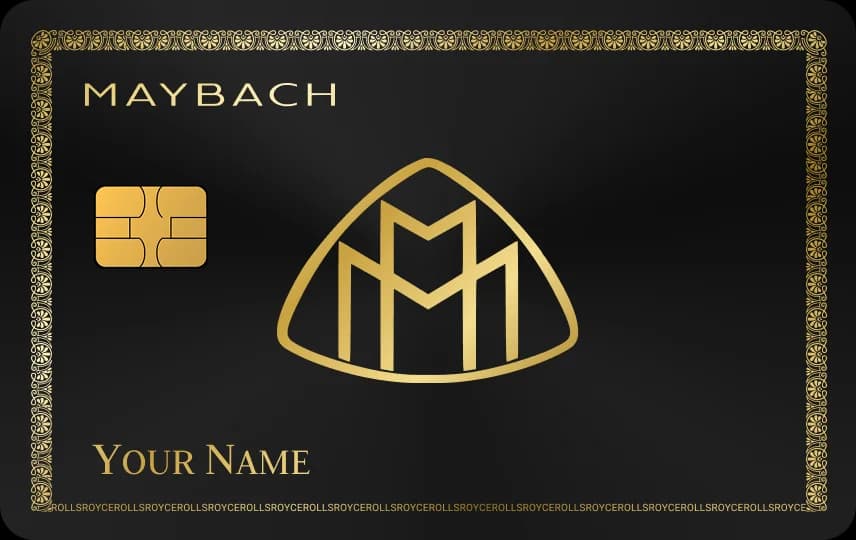 Logo hai chữ M trong tam giác bo tròn, chữ MAYBACH góc trên, khung viền hoa văn, Thẻ đen nét vàng