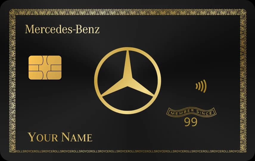 Ngôi sao ba cánh trong vòng tròn, chữ Mercedes-Benz góc trên, con dấu Member since, Thẻ đen nét vàng
