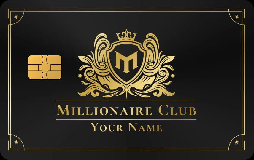 Huy hiệu khiên chữ M đội vương miện, hoa văn cuộn hai bên, chữ MILLIONAIRE CLUB, Thẻ đen nét vàng