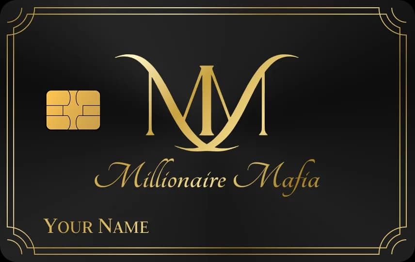 Chữ lồng M lớn uốn lượn, dòng chữ viết tay Millionaire Mafia, khung viền mảnh, Thẻ đen nét vàng