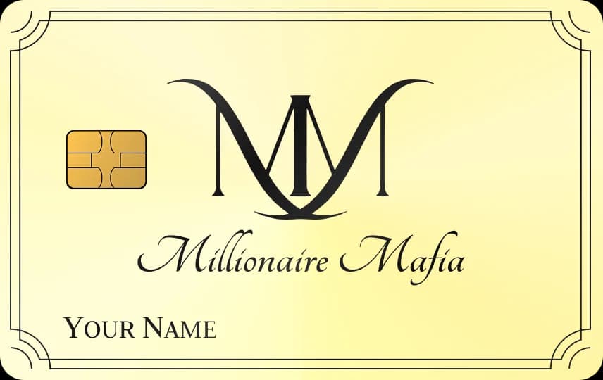 Chữ lồng M lớn uốn lượn, dòng chữ viết tay Millionaire Mafia, khung viền mảnh, Thẻ vàng