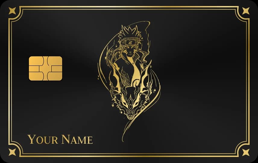 Ninja đứng giữa ngọn lửa hồ ly trong khung viền góc trang trí, dòng tên dưới trái, khắc trên Thẻ đen nét vàng