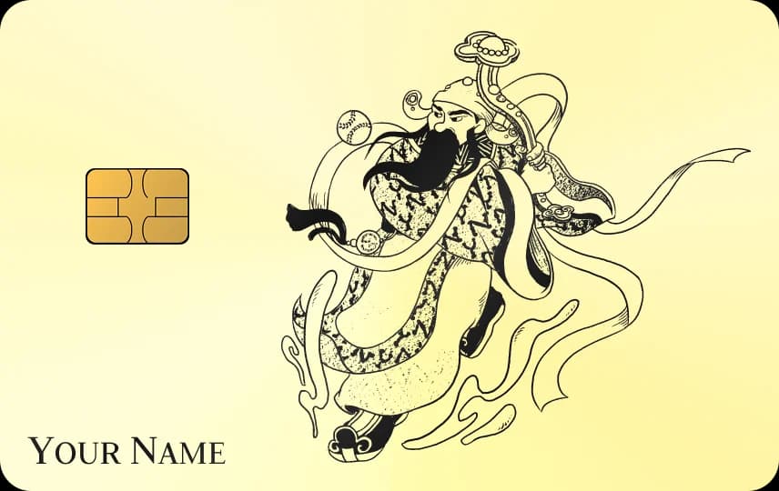 Ông Lộc mặc áo thêu hoa văn, dải lụa bay quanh, dáng dân chơi, dòng tên góc trái, Thẻ vàng