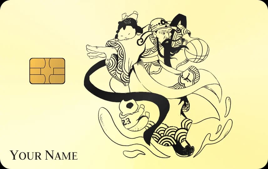 Ông Phúc bế em bé đội mũ lưỡi trai, dải lụa uốn quanh, sóng nước dưới chân, Thẻ vàng