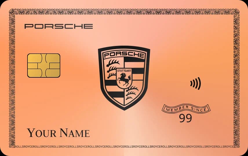 Huy hiệu khiên ngựa chồm và gạc hươu, chữ PORSCHE góc trên, ô Member since, dòng tên, Thẻ vàng hồng