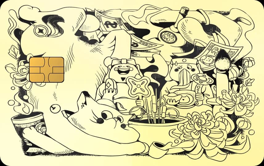 Nhiều chú mèo béo kiểu doodle giữa mâm lễ, nhang, hoa cúc và chén trà, Thẻ vàng