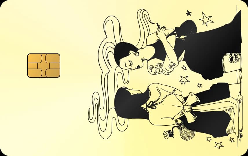 Hai cô gái đối mặt bằng mảng sáng tối đậm, tóc dài uốn thành dải, ngôi sao nhỏ, Thẻ vàng
