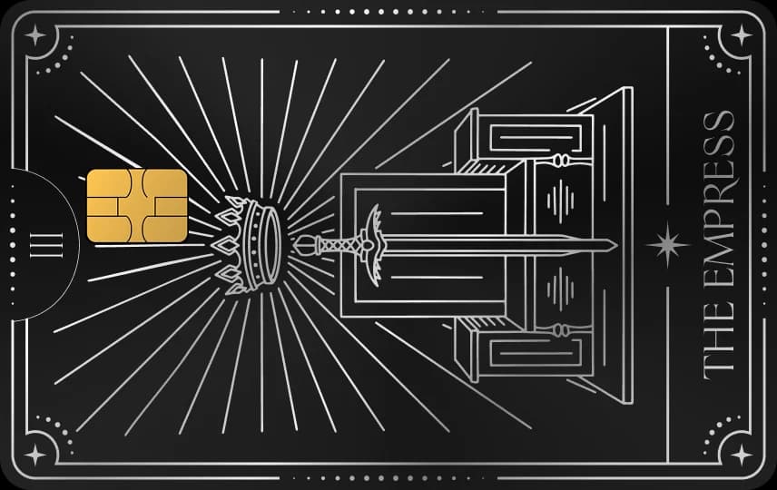 Lá bài tarot có ngai vàng, vương miện, thanh kiếm và tia sáng tỏa, khung viền sao, Thẻ đen nét bạc