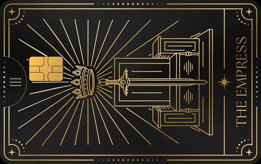 Lá bài tarot có ngai vàng, vương miện, thanh kiếm và tia sáng tỏa, khung viền sao, Thẻ đen nét vàng