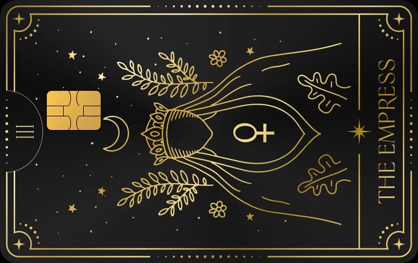 Lá bài tarot có vương miện, ký hiệu Kim tinh, cành nguyệt quế, trăng khuyết, chữ THE EMPRESS, Thẻ đen nét vàng