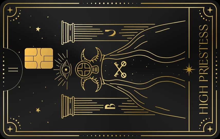 Lá bài tarot có hai cột trụ, mặt trăng, con mắt, chìa khóa và chữ HIGH PRIESTESS, Thẻ đen nét vàng