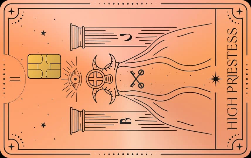 Lá bài tarot có hai cột trụ, mặt trăng, con mắt, chìa khóa và chữ HIGH PRIESTESS, Thẻ vàng hồng