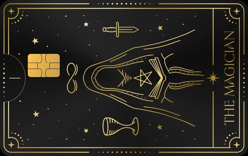 Lá bài tarot có hai bàn tay, ngôi sao năm cánh, kiếm, chén, ký hiệu vô cực, Thẻ đen nét vàng