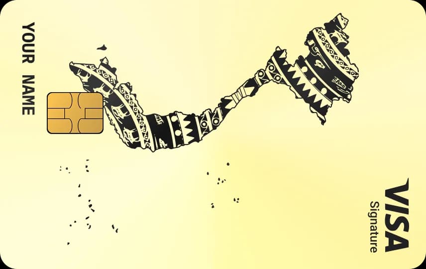 Bản đồ Việt Nam phủ dải hoa văn trống đồng hình học và răng cưa, khắc dọc trên Thẻ vàng